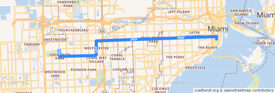 Mapa del recorrido MDT 8: FIU => Westchester => Brickell Station de la línea  en Miami-Dade County.