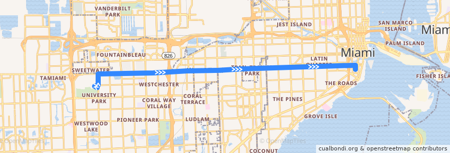 Mapa del recorrido MDT 8A: FIU => Brickell Station de la línea  en Miami-Dade County.