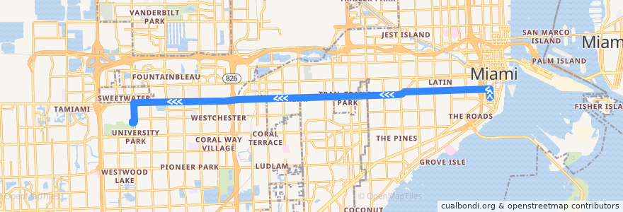 Mapa del recorrido MDT 8A: Brickell Station => FIU de la línea  en 迈阿密-戴德县/邁亞美戴德縣/邁阿密-戴德郡.