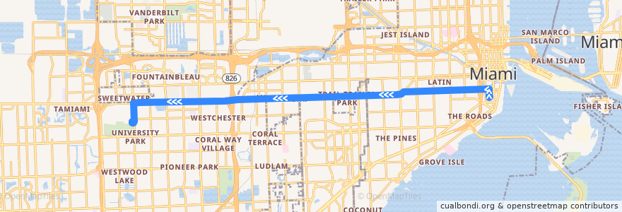 Mapa del recorrido MDT 8A: Brickell Station => FIU de la línea  en Miami-Dade County.
