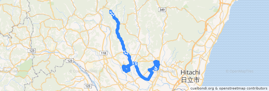 Mapa del recorrido 茨城交通バス金砂52系統 上宮田代⇒金砂郷支所・藤田十文字⇒市役所・常陸太田駅・総合福祉会館 de la línea  en 常陸太田市.