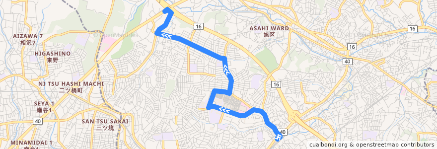 Mapa del recorrido 旭22: 二俣川駅北口 → 運転免許センター → 旭高校入口 de la línea  en 旭区.