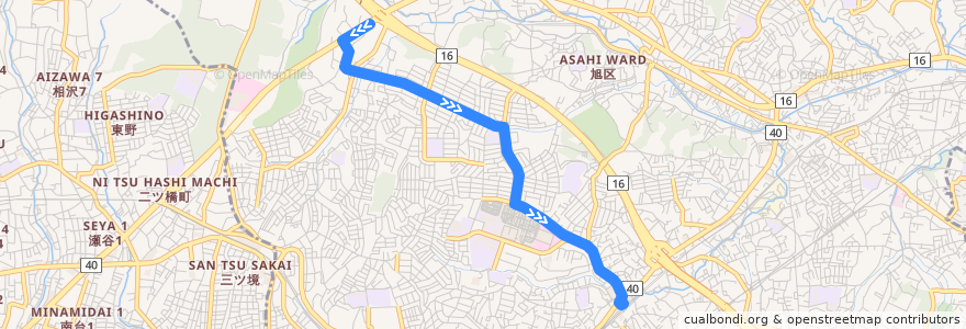 Mapa del recorrido 旭21: 旭高校入口 → ニュータウン第1 → 二俣川駅北口 de la línea  en 旭区.