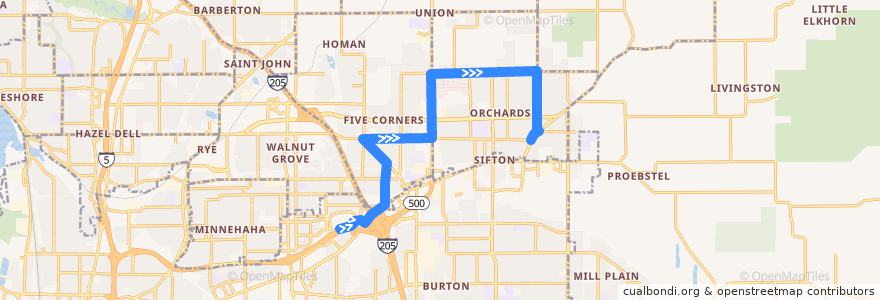 Mapa del recorrido Bus 72: Vancouver Mall Transit Center => 152nd Avenue de la línea  en Clark County.