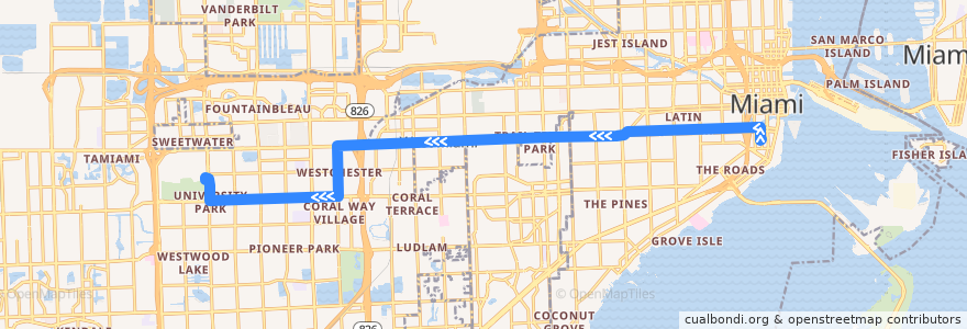 Mapa del recorrido MDT 8: Brickell Station => Westchester => FIU de la línea  en Contea di Miami-Dade.