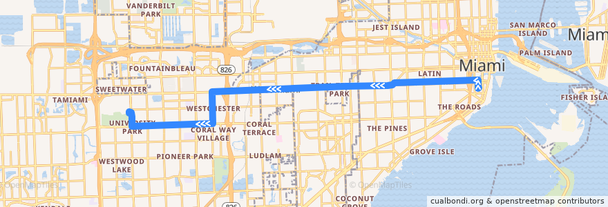 Mapa del recorrido MDT 8: Brickell Station => Westchester => FIU de la línea  en Miami-Dade County.