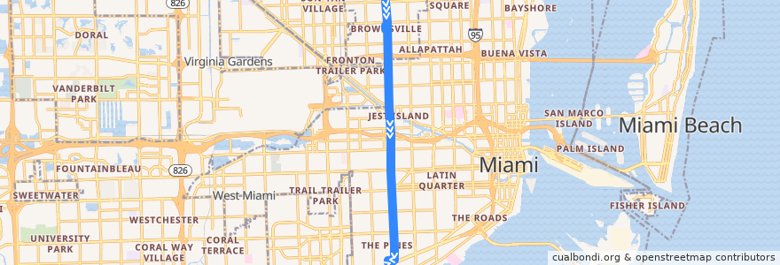 Mapa del recorrido MDT 27: Calder => Coconut Grove de la línea  en 迈阿密-戴德县/邁亞美戴德縣/邁阿密-戴德郡.