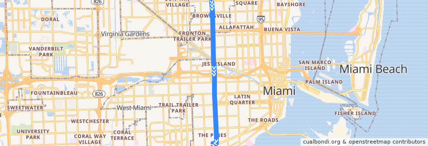 Mapa del recorrido MDT 27: Calder => Coconut Grove de la línea  en Condado de Miami-Dade.
