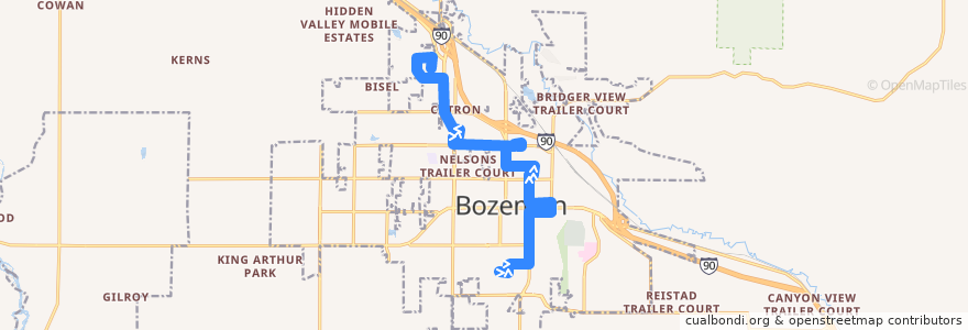 Mapa del recorrido Blueline Retail Outbound de la línea  en Bozeman.