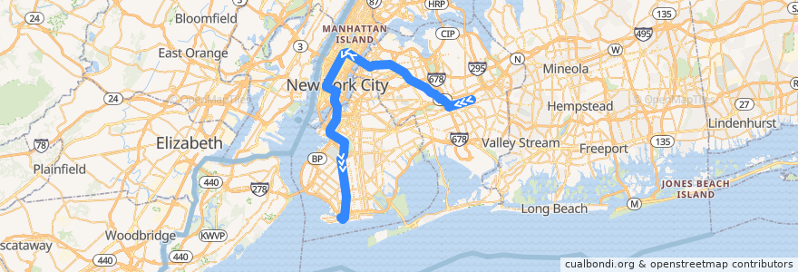 Mapa del recorrido NYCS - <F> Train (pm rush): Jamaica–179th Street → Coney Island–Stillwell Avenue de la línea  en Nueva York.