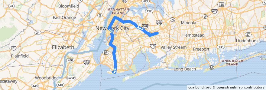 Mapa del recorrido NYCS - <F> Train (am rush): Coney Island–Stillwell Avenue → Jamaica–179th Street de la línea  en Нью-Йорк.