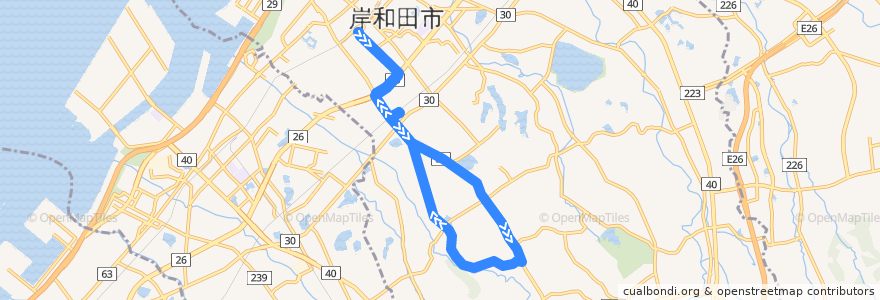 Mapa del recorrido 645: 岸和田駅前-一の宮循環(右回り) de la línea  en Kishiwada.