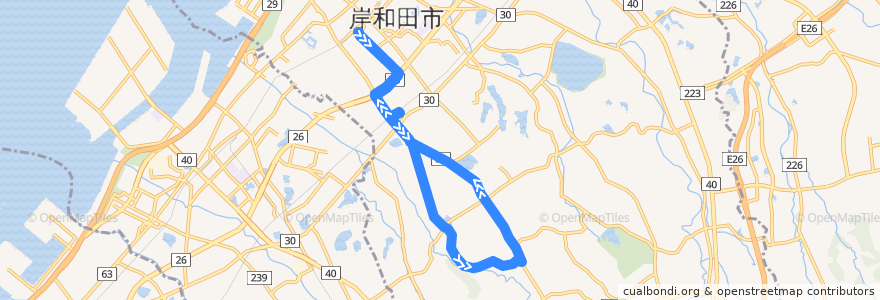 Mapa del recorrido 654: 岸和田駅前-一の宮循環(左回り) de la línea  en Kishiwada.