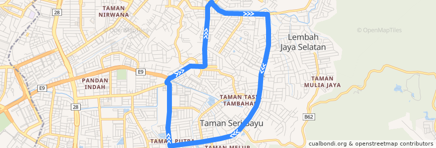 Mapa del recorrido AJ2B: Sri Nilam => AEON => Hospital Ampang de la línea  en Majlis Perbandaran Ampang Jaya.