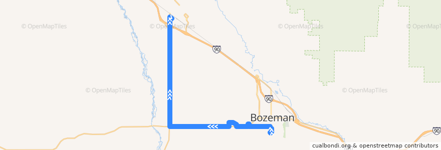 Mapa del recorrido Greenline Express Outbound de la línea  en Gallatin County.