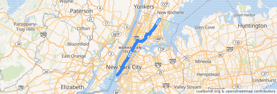 Mapa del recorrido NYCS - 5 Train (evenings, weekends): Eastchester–Dyre Avenue → Bowling Green de la línea  en New York.