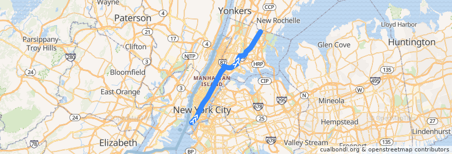Mapa del recorrido NYCS - 5 Train (evenings, weekends): Bowling Green → Eastchester–Dyre Avenue de la línea  en Нью-Йорк.
