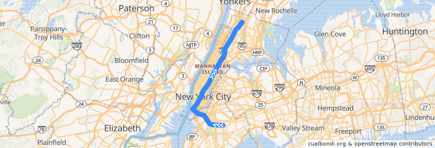 Mapa del recorrido NYCS - 4 Train (pm rush): Crown Heights–Utica Avenue → Woodlawn de la línea  en New York.