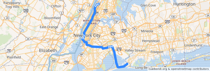 Mapa del recorrido NYCS - A Train (late nights): 207th Street–Inwood → Far Rockaway–Mott Avenue de la línea  en New York.