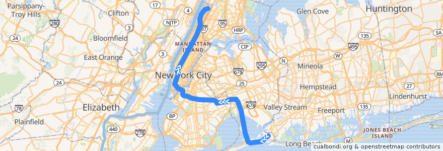 Mapa del recorrido NYCS - A Train (late nights): Far Rockaway–Mott Avenue → 207th Street–Inwood de la línea  en Nueva York.