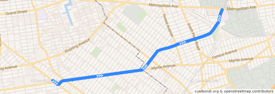 Mapa del recorrido NYCS - M Train (late nights): Myrtle Avenue → Middle Village–Metropolitan Avenue de la línea  en 纽约.