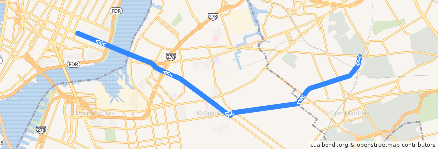 Mapa del recorrido NYCS - M Train (evenings, weekends): Middle Village–Metropolitan Avenue → Essex Street de la línea  en نیویورک.