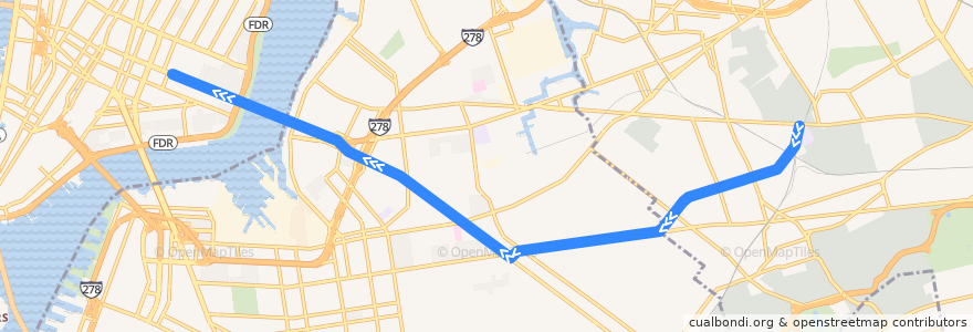 Mapa del recorrido NYCS - M Train (evenings, weekends): Middle Village–Metropolitan Avenue → Essex Street de la línea  en 纽约.