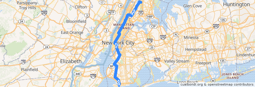 Mapa del recorrido NYCS - D Train (late nights): Coney Island–Stillwell Avenue → Norwood–205th Street de la línea  en Nueva York.
