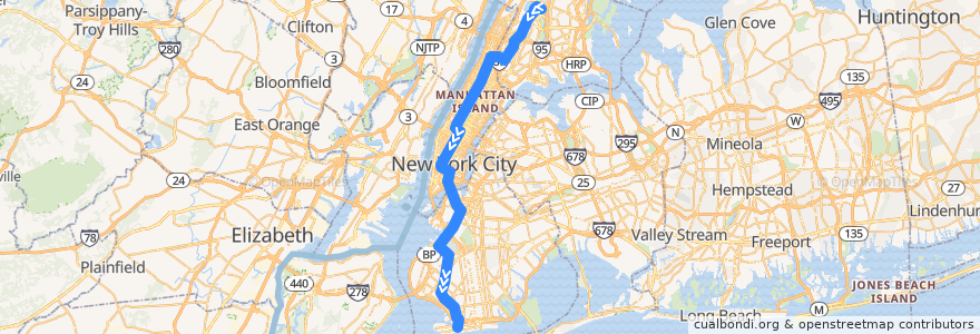 Mapa del recorrido NYCS - D Train (late nights): Norwood–205th Street → Coney Island–Stillwell Avenue de la línea  en New York.