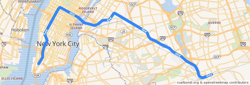 Mapa del recorrido NYCS - E Train (late nights): Jamaica Center–Parsons/Archer → World Trade Center de la línea  en نیویورک.