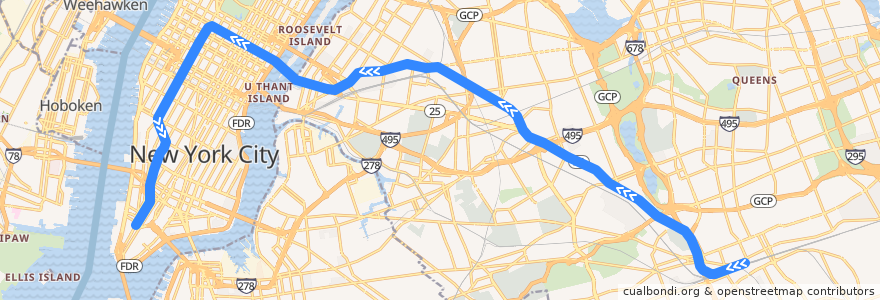 Mapa del recorrido NYCS - E Train (evenings, weekends): Jamaica Center–Parsons/Archer → World Trade Center de la línea  en Нью-Йорк.