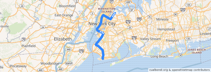 Mapa del recorrido NYCS - N Train (late nights): Astoria–Ditmars Boulevard → Coney Island–Stillwell Avenue de la línea  en Nueva York.