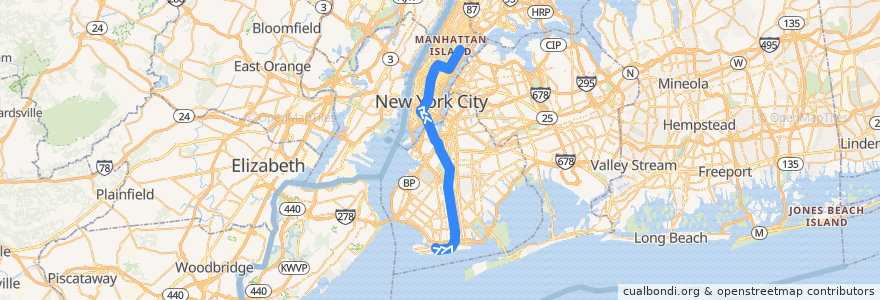 Mapa del recorrido NYCS - Q Train (late nights): Coney Island–Stillwell Avenue → 96th Street de la línea  en نیویورک.