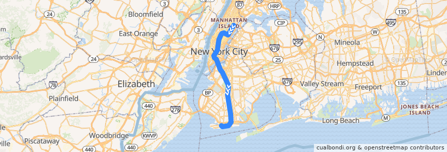 Mapa del recorrido NYCS - Q Train (late nights): 96th Street → Coney Island–Stillwell Avenue de la línea  en New York.