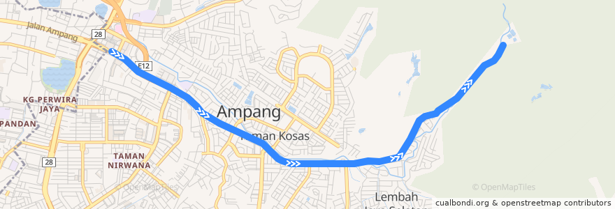 Mapa del recorrido T302: Ampang Point => Hutan Lipur Ampang de la línea  en Majlis Perbandaran Ampang Jaya.