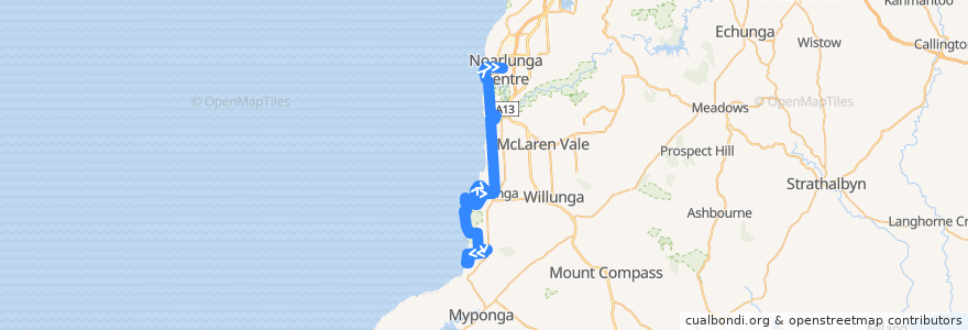 Mapa del recorrido Bus 750A: Stop 137 Perth St - South side => Zone B Noarlunga Centre Interchange - West side de la línea  en City of Onkaparinga.