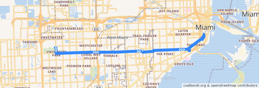 Mapa del recorrido MDT 24: FIU => Brickell Station de la línea  en 迈阿密-戴德县/邁亞美戴德縣/邁阿密-戴德郡.