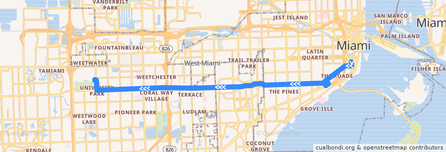 Mapa del recorrido MDT 24: Brickell Station => FIU de la línea  en 迈阿密-戴德县/邁亞美戴德縣/邁阿密-戴德郡.