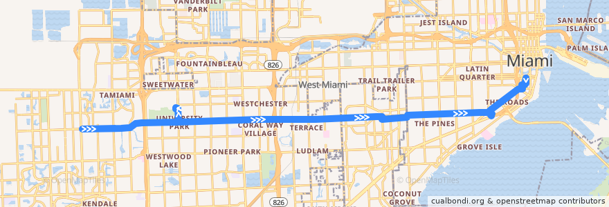 Mapa del recorrido MDT 24: 137th Avenue => Brickell Station de la línea  en マイアミ・デイド郡.