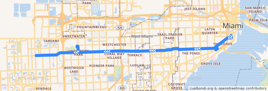 Mapa del recorrido MDT 24: Brickell Station => 137th Avenue de la línea  en Miami-Dade County.