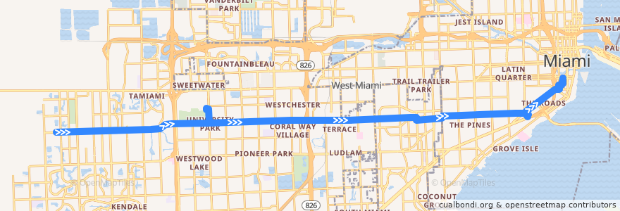 Mapa del recorrido MDT 24: 152nd Avenue => Brickell Station de la línea  en 迈阿密-戴德县/邁亞美戴德縣/邁阿密-戴德郡.