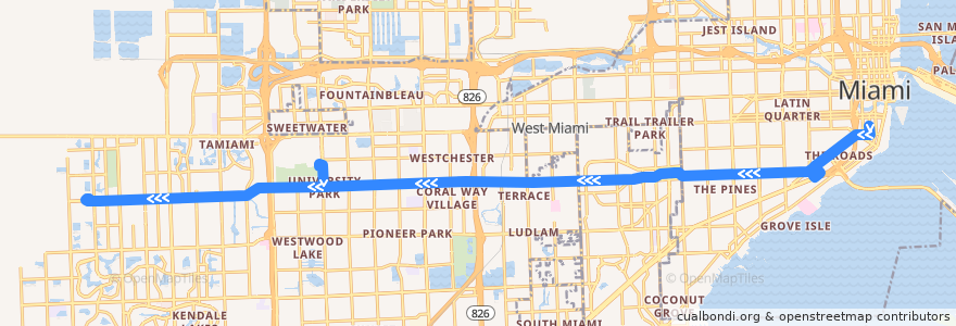 Mapa del recorrido MDT 24: Brickell Station => 152nd Avenue de la línea  en 마이애미데이드 군.