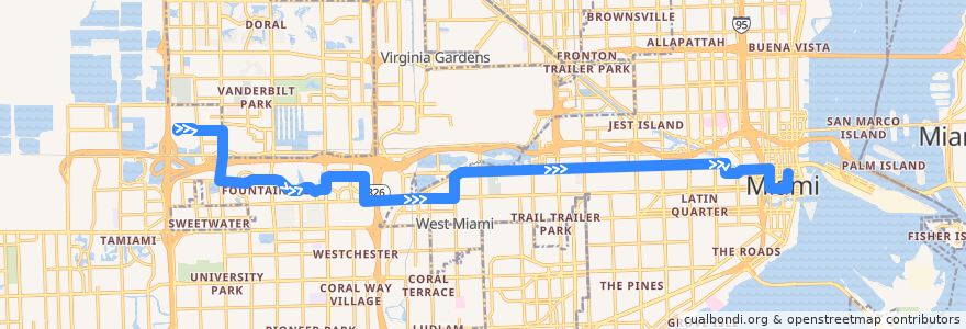 Mapa del recorrido MDT 7: Dolphin Mall => Downtown Miami de la línea  en Miami-Dade County.