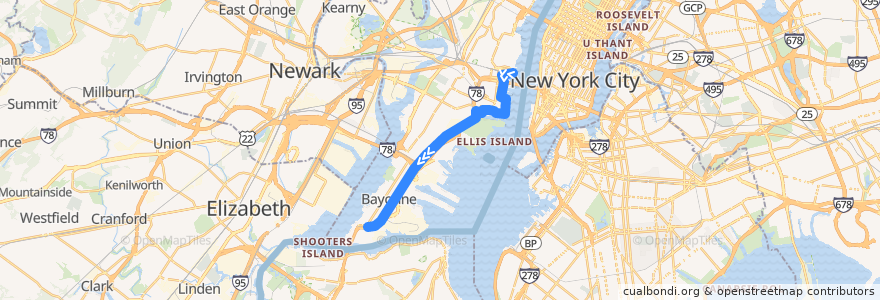 Mapa del recorrido Hudson–Bergen Light Rail (Bayonne Flyer): Hoboken Terminal → 8th Street de la línea  en Hudson County.