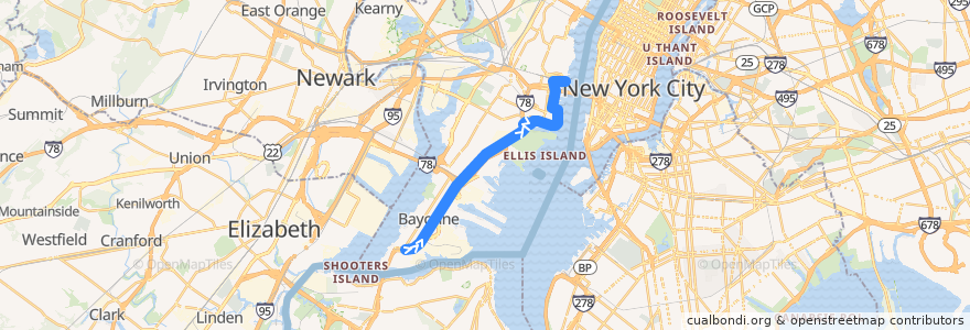 Mapa del recorrido Hudson–Bergen Light Rail (Bayonne Flyer): 8th Street → Hoboken Terminal de la línea  en Hudson County.