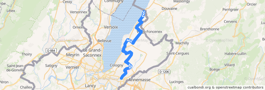 Mapa del recorrido Bus 38: Hermance-Village → Place Favre de la línea  en Genebra.