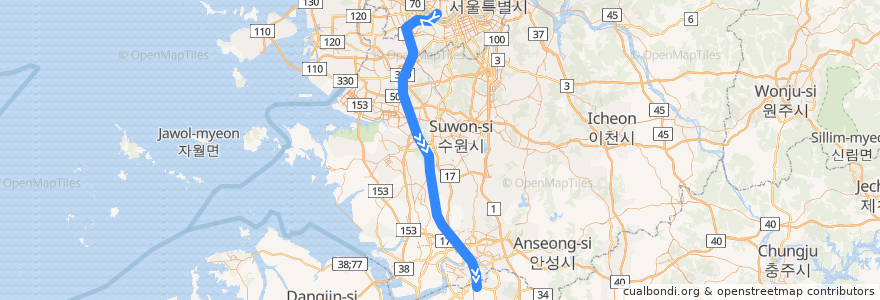 Mapa del recorrido KTX 경부고속선·호남고속선: 용산역 → 광주송정역 de la línea  en 대한민국.