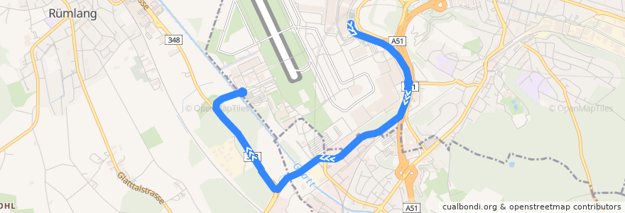 Mapa del recorrido Bus 738: Zürich Flughafen, Bahnhof => Zürich Flughafen, Werkhof de la línea  en Zurigo.