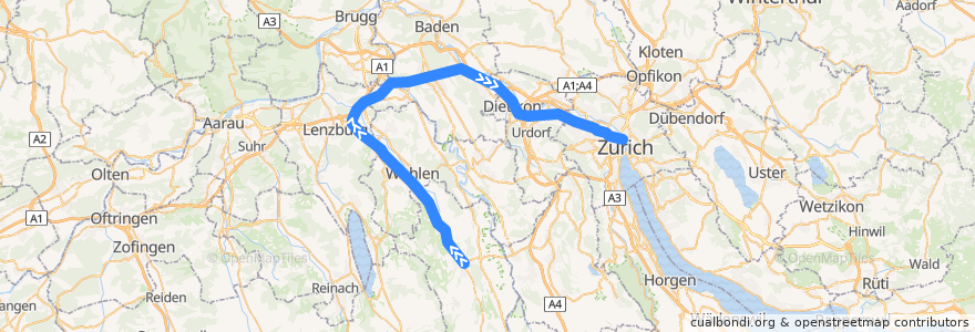 Mapa del recorrido S42: Muri AG => Zürich HB de la línea  en 스위스.