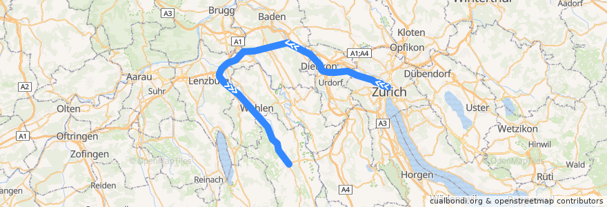 Mapa del recorrido S42: Zürich HB => Muri AG de la línea  en Schweiz/Suisse/Svizzera/Svizra.